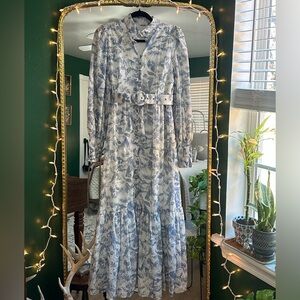 Jardin Vue Stand Collar Floral Midi Dress With Lantern Sleeves